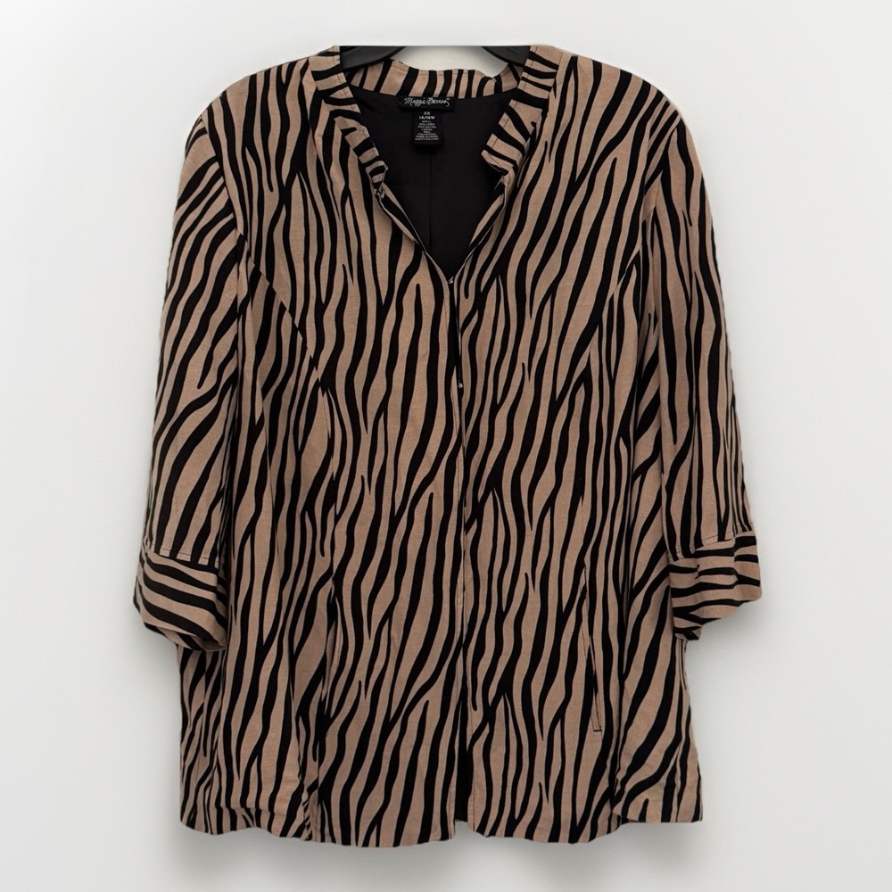 MAGGIE BARNES Blazer Women 0X 14/16 Brown & Black Animal Print Linen Blend S 3/4